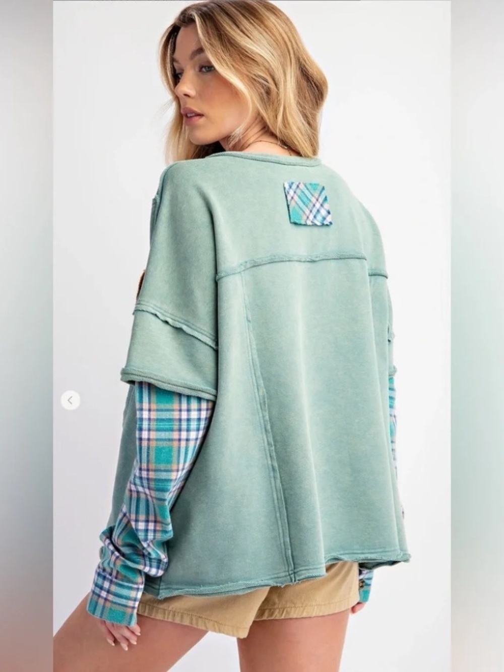 Easel Green Plaid Peace Layered Washed Knit Long Sleeve Pullover Sweatshirt SZ S - Picture 10 of 10